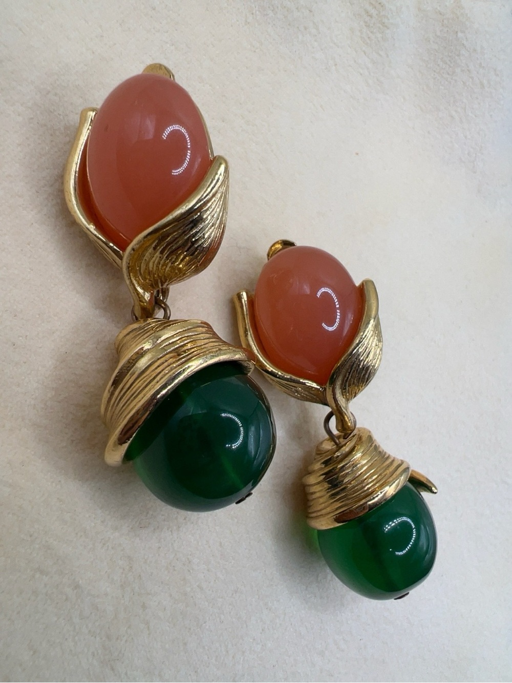 Vintage Givenchy Paris New York Coral Pink & Emerald Green Clip On Earrings